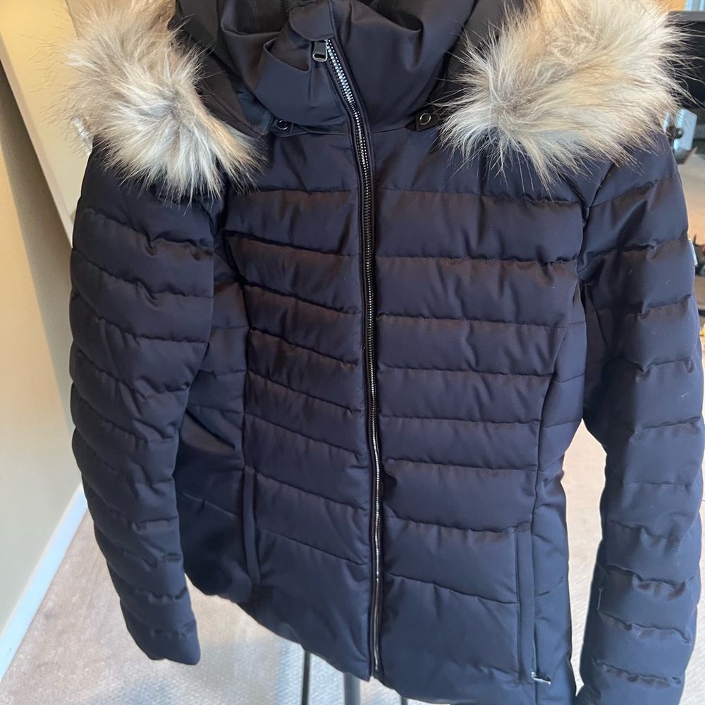 Women's Black Puffer Jacket with Faux Fur Hood